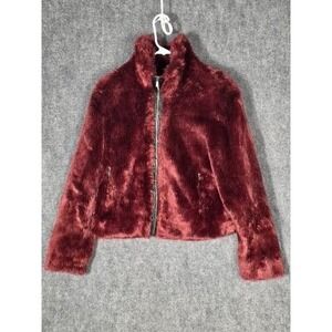 EXPRESS Burgundy Faux Fur Jacket Womens Size Small Zip Front Cropped‎ Casualwear